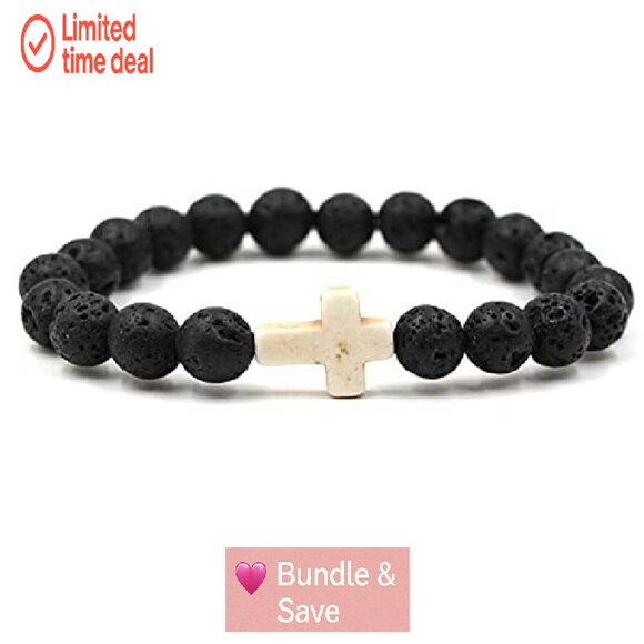 Adjustable Lava Stone Stretch Bracelet Set with Cross Beads for Men Women - Picture 4 of 6